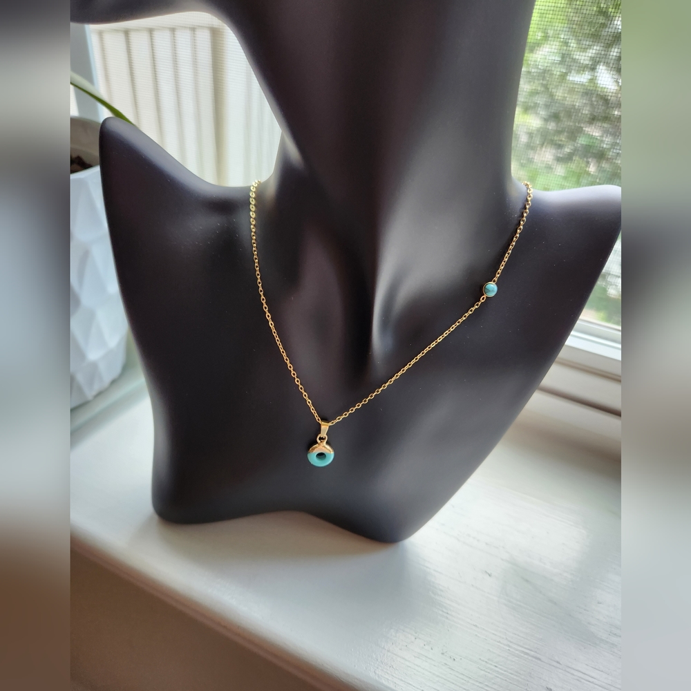New Boho Turquoise Circle Pendant Necklace | Dainty Gold Station Chain